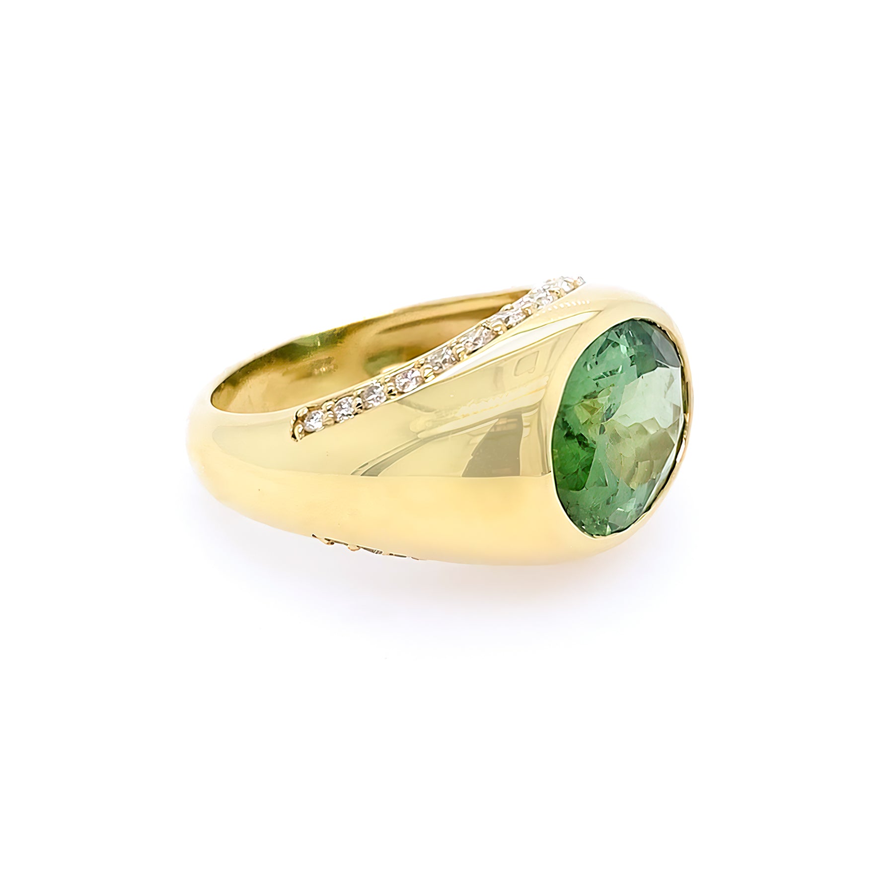 side view of 18k yellow gold green tourmaline and diamond ring
