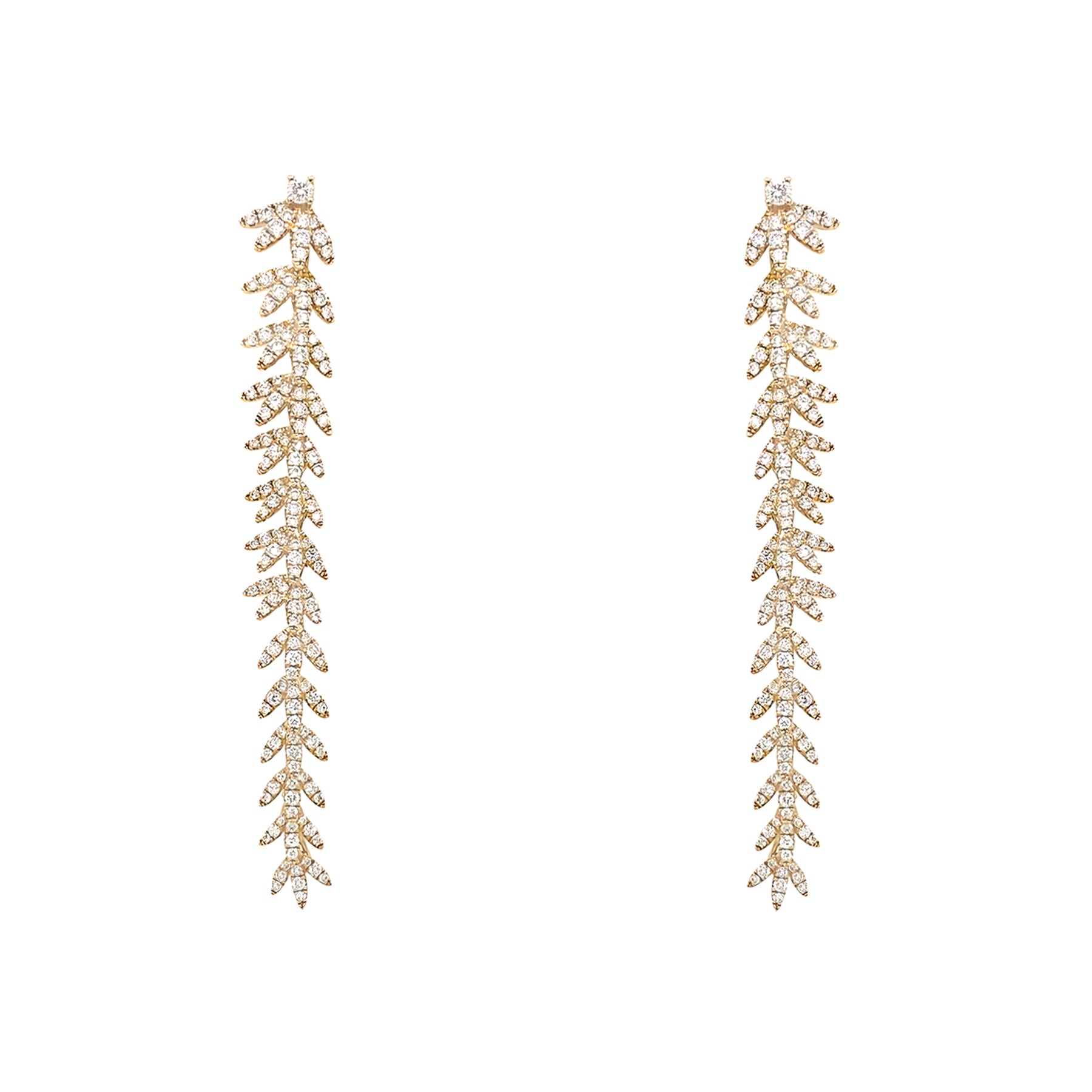 18K Gold earrings dangle with a leaf-like design on a white background