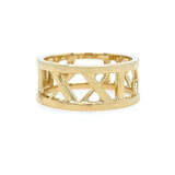 An 18K yellow gold openwork ring with a geometric lattice design, shown on a plain white background.