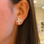Close-up of an ear wearing a diamond earring with a blurred background