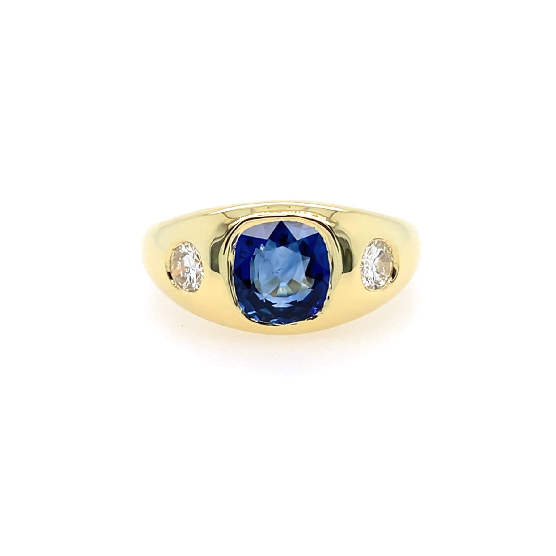 front view yellow Gold ring with a blue sapphire and diamond side stones