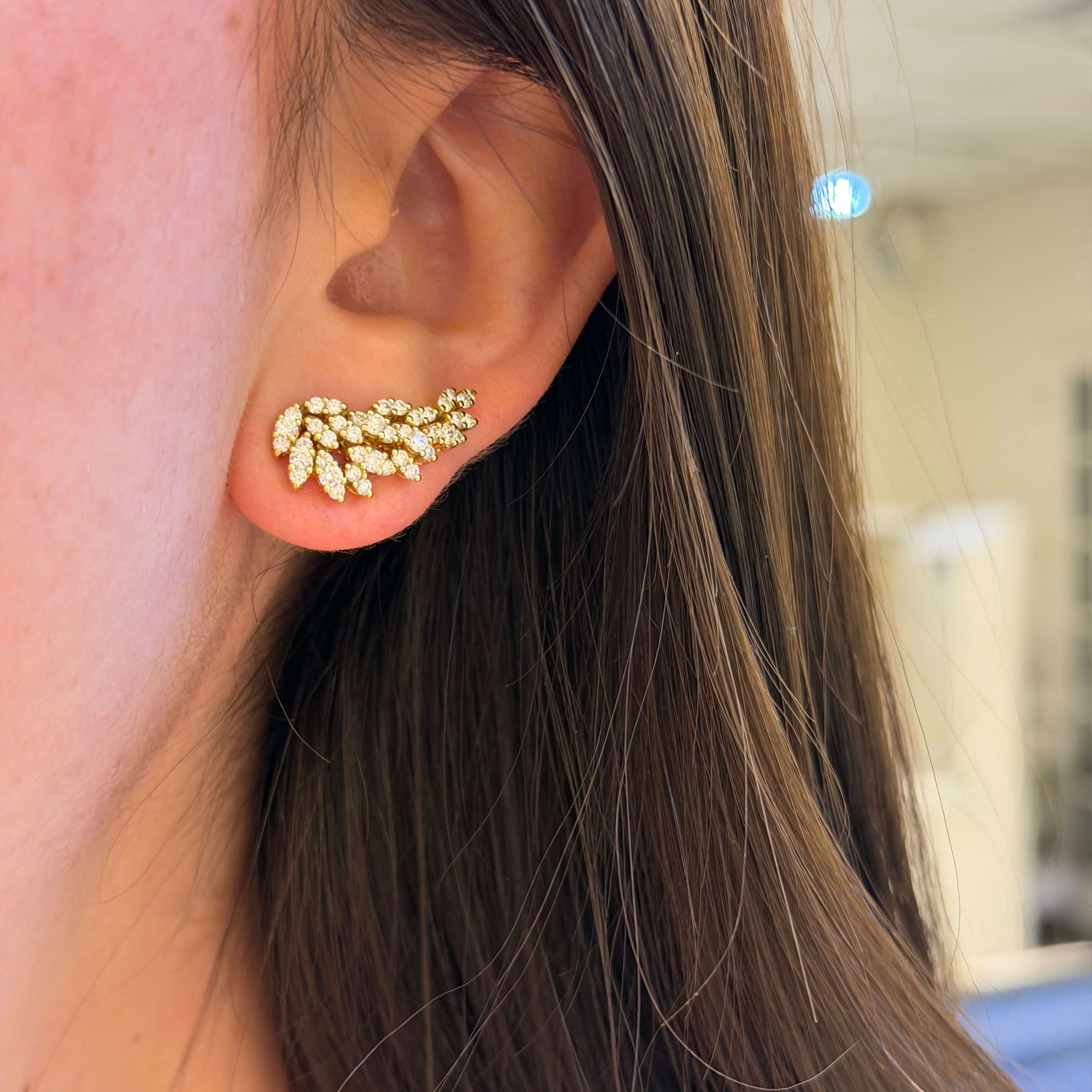 Close-up of an ear wearing a gold earring with small stones.