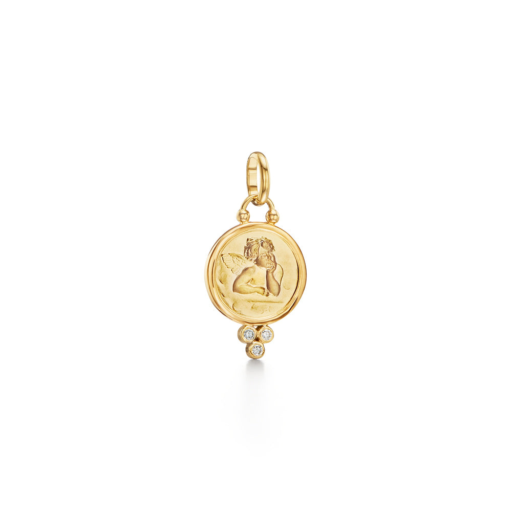 18k yg medium angel pendant with trio diamonds