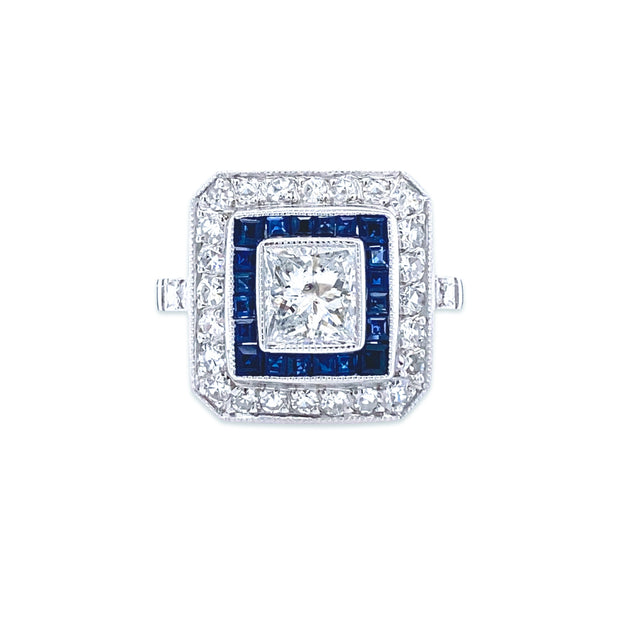 Platinum Estate Sapphire and Diamond Bezel Set Ring