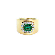 18K Yellow Gold Wide Band  Ring with Emerald and Diamonds