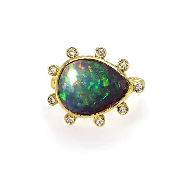 14K Yellow Gold Opal Ring with Diamonds