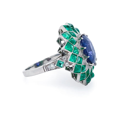 Estate Platinum Sapphire and Emerald Ring