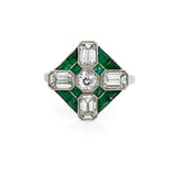 Estate Platinum Diamond and Emerald Ring