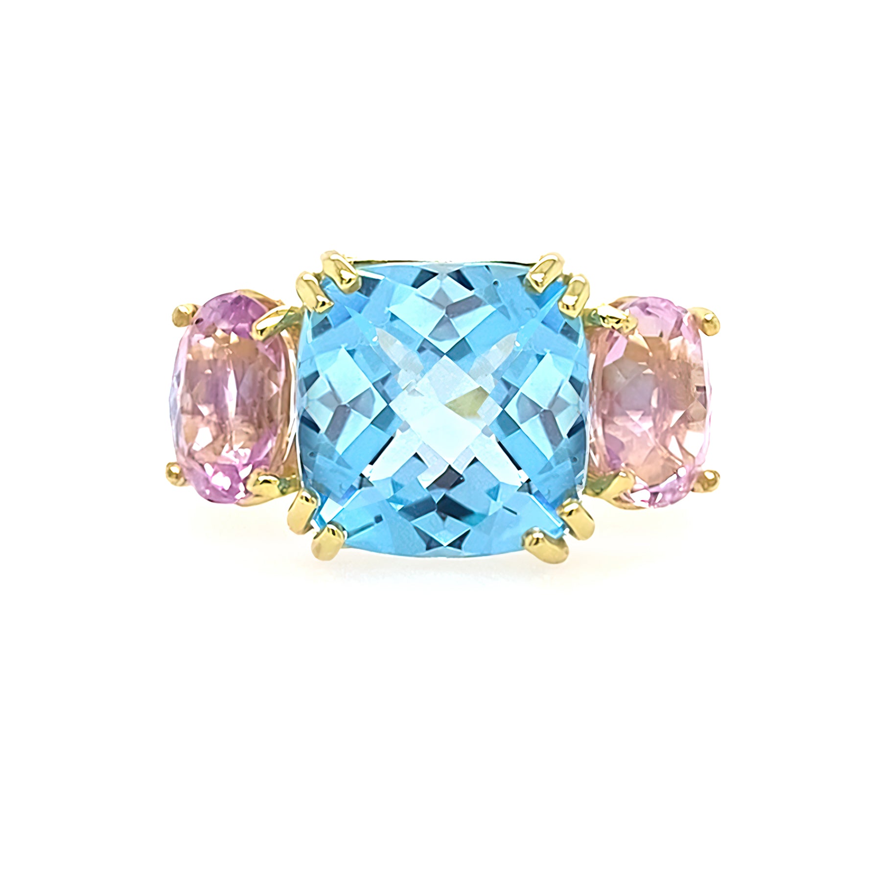 Ring with blue gemstone and pink side stones on a white background
