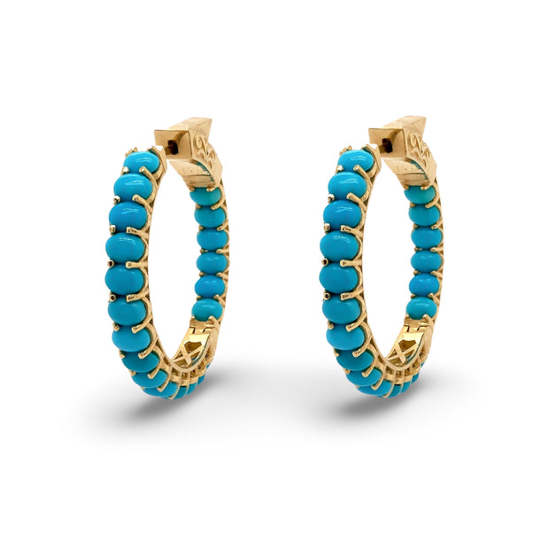 14k Yellow Gold Oval Turquoise Hoops