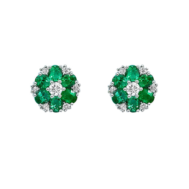 18K White Gold Oval Diamond and Emerald Earrings