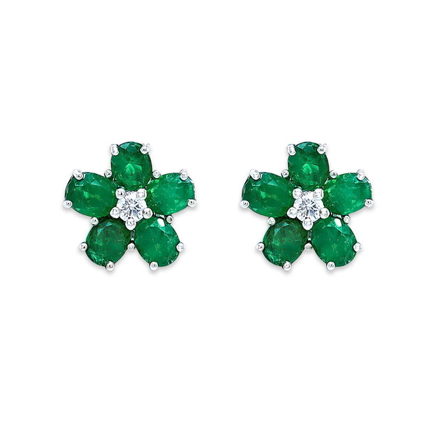 18K White Gold Emerald and Diamond Flower Earrings
