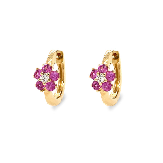 14K Yellow Gold and Pink Sapphire Flower Huggies
