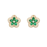 14K Yellow Gold Emerald Flower Earrings with Diamonds
