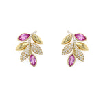 14k yg pink sapphire and diamond leaf earrings