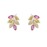 14k yg pink sapphire and diamond leaf earrings