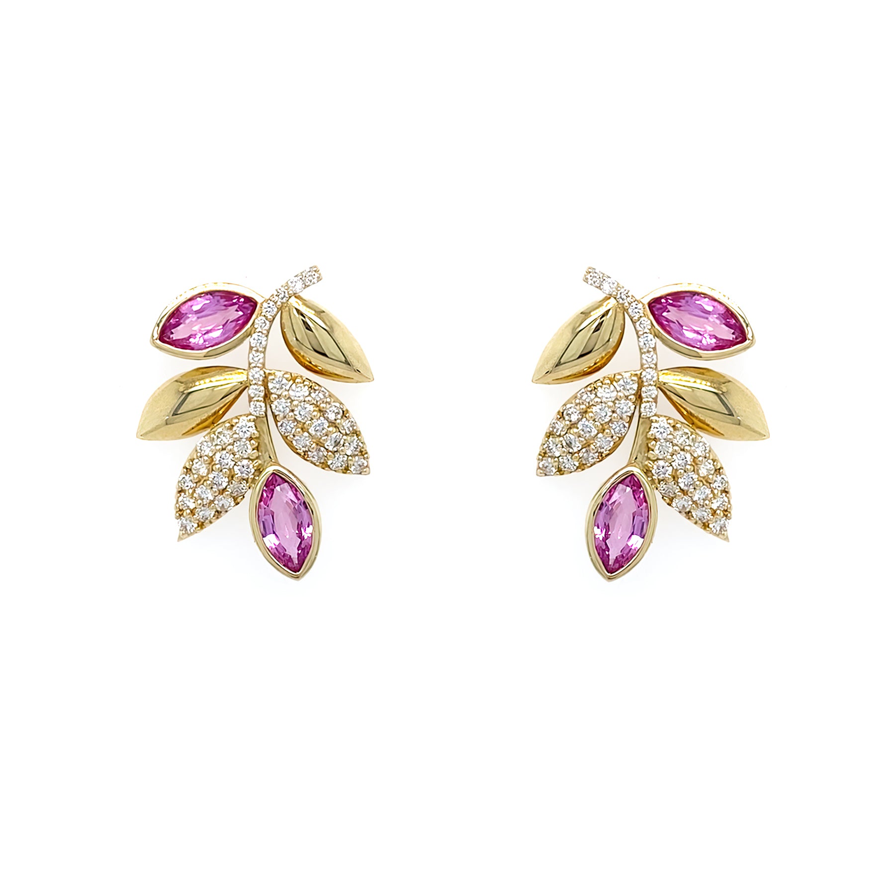 14k yg pink sapphire and diamond leaf earrings