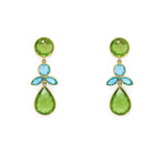 A pair of 22K yellow gold aqua and peridot drop earrings with a geometric pattern.