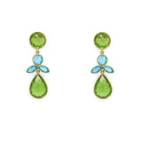 A pair of 22K yellow gold aqua and peridot drop earrings with a geometric pattern.