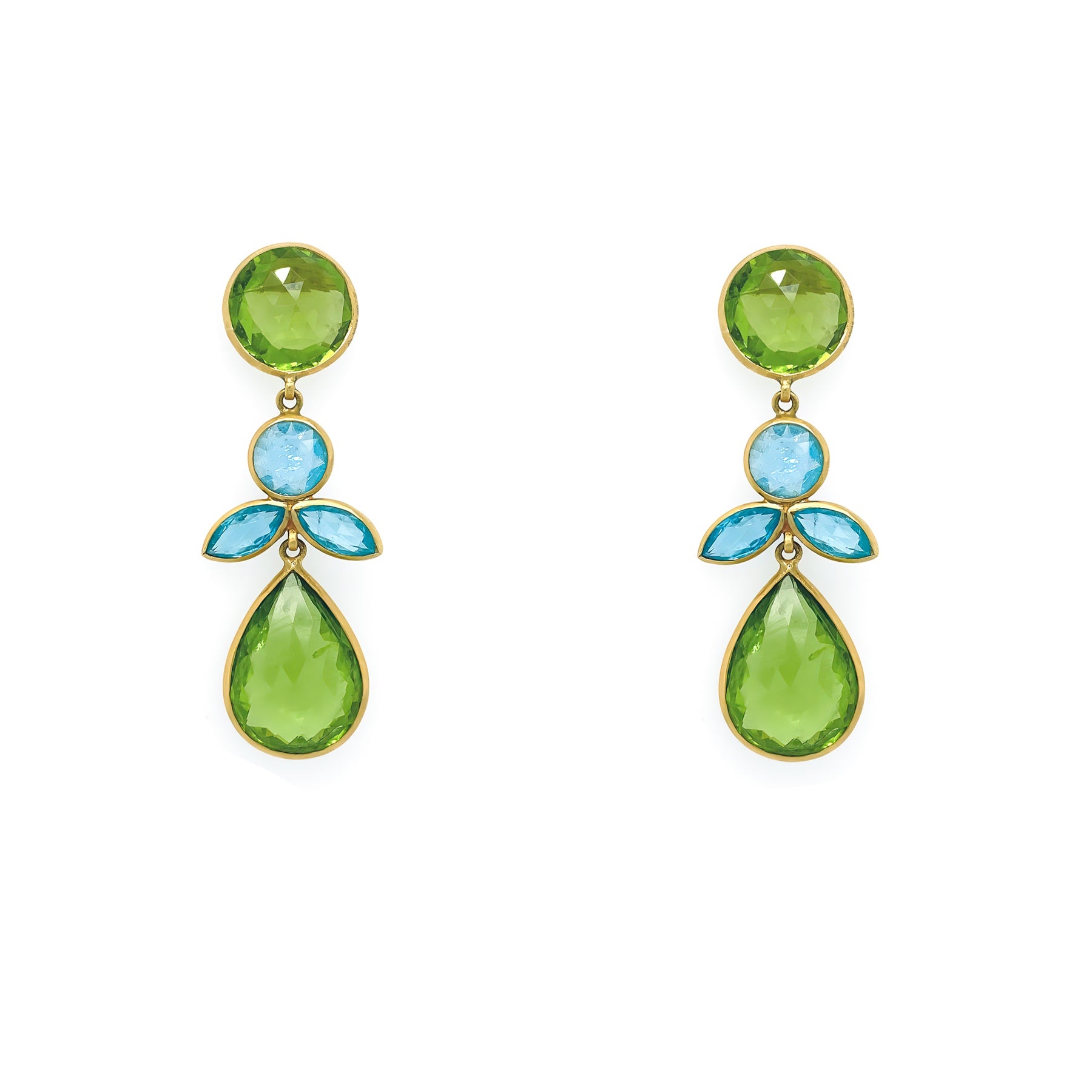 A pair of 22K yellow gold aqua and peridot drop earrings with a geometric pattern.