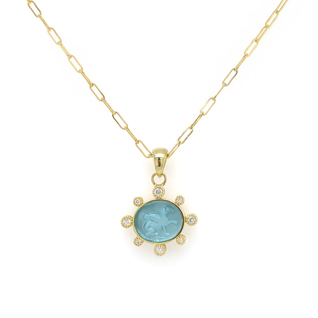 14K Yellow Gold Aqua Venetian Glass Necklace with Diamonds