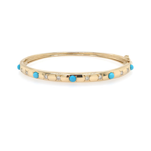 14K Yellow Gold Turquoise and Diamond Bangle