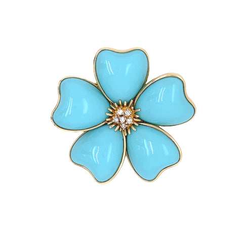 18k Yellow Gold Turquoise Pin with Diamonds