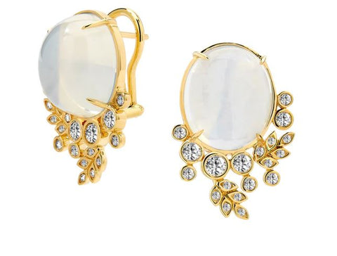 18K Yellow Gold Moon Quartz and Diamond Earrings