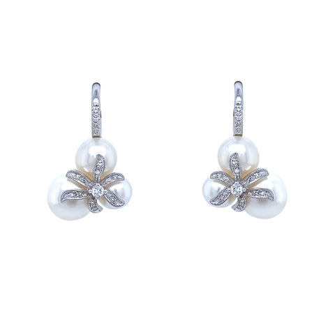 14K White Gold Diamond and Pearl Earrings