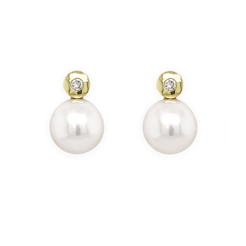 14K Yellow Gold Pearl with Diamond Earrings