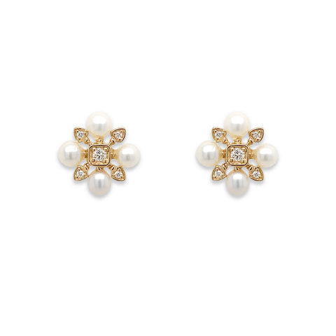 14K Yellow Gold Small Pearl and Diamond Earrings