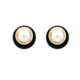 Estate Pearl and Onyx Yellow Gold Earrings
