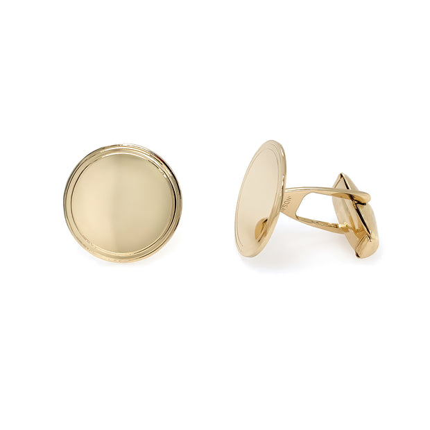 14K Yellow Gold Round Double Line Border Cuff Links