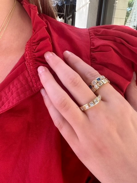 18K Yellow Gold Alternating Emerald Cut Diamond and Sapphire Ring