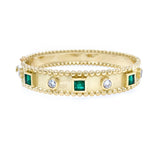 18K Yellow Gold Diamond and Emerald Beaded Edge Bangle