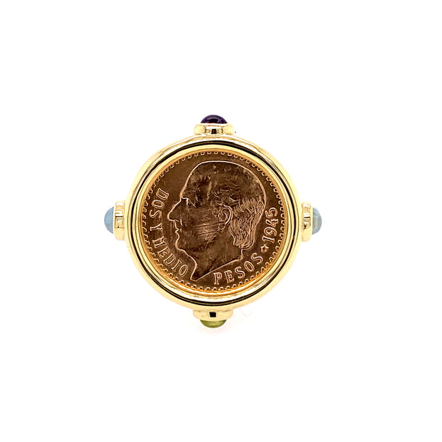 18K Yellow Gold Coin Ring with Four Bezel Set Birthstones