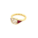 18k Yellow Gold Asscher Cut Diamond and Ruby Ring