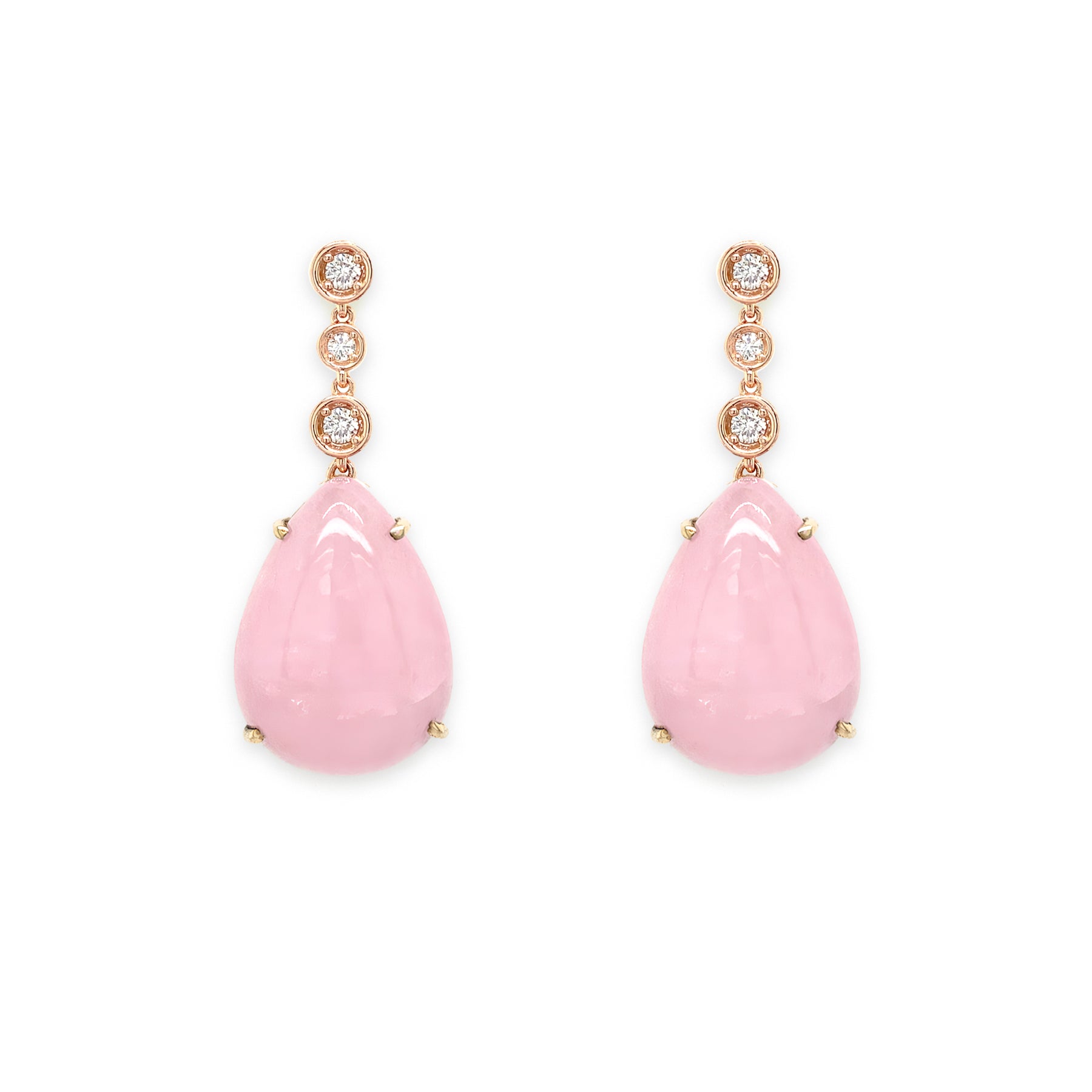 Pink teardrop earrings with rose gold and diamond accents on a white background