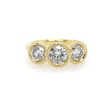 18K Yellow Gold Three Stone Round Bezel Set Hammered Diamond Ring