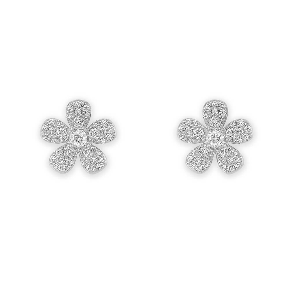 A pair of 18K white gold flower-shaped stud earrings paved with clear diamonds, shown on a plain white background.