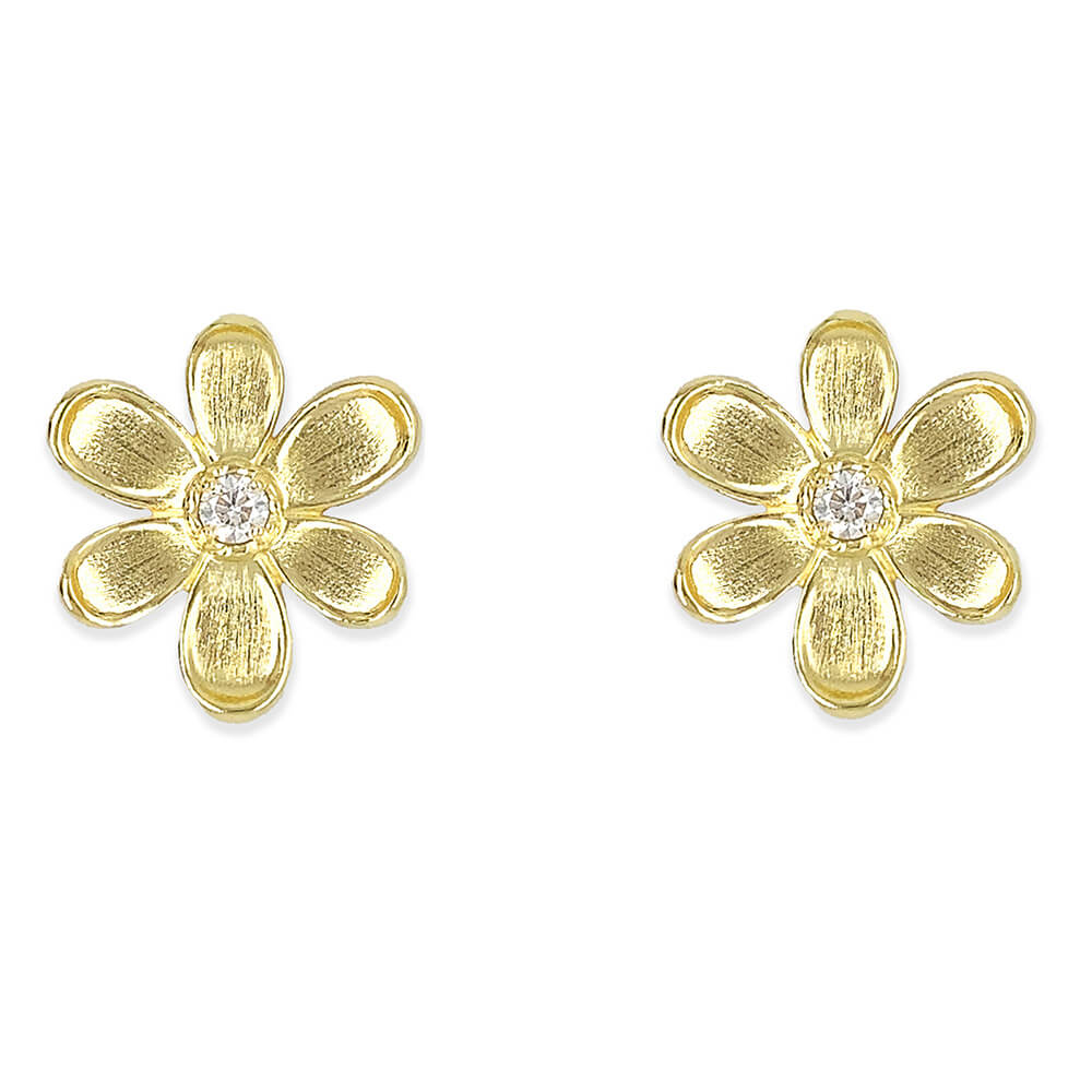 A pair of 18K yellow gold flower stud earrings with a textured petal design and a small clear round diamond in the center, shown on a plain white background.