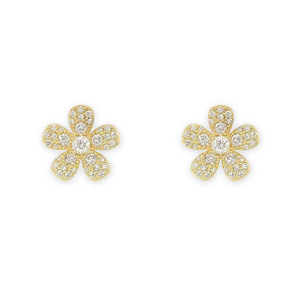 18K yellow gold flower-shaped earrings with pave diamonds on a white background