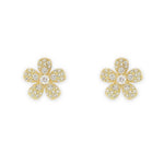 18K yellow gold flower-shaped earrings with pave diamonds on a white background