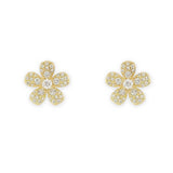 18K yellow gold flower-shaped earrings with pave diamonds on a white background
