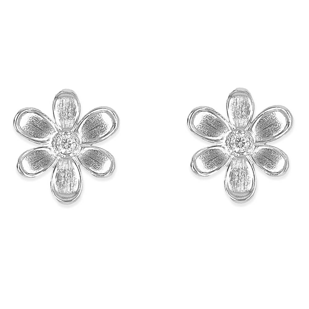 A pair of 18K white gold flower-shaped stud earrings with a textured petal design and a small clear diamond in the center, shown on a plain white background.