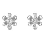 A pair of 18K white gold flower-shaped stud earrings with a textured petal design and a small clear diamond in the center, shown on a plain white background.