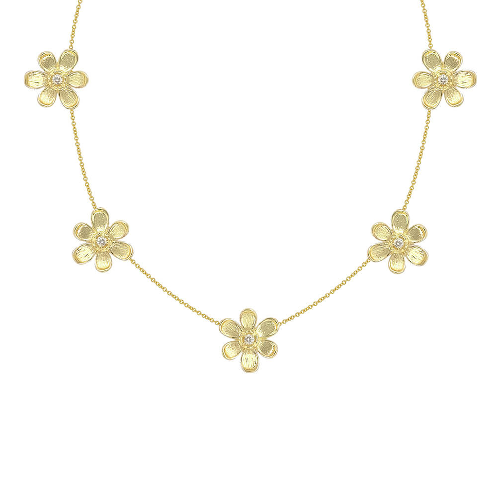 An 18K yellow gold flower necklace featuring five textured flower charms with small clear diamond centers, displayed on a clean white background.