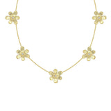 An 18K yellow gold flower necklace featuring five textured flower charms with small clear diamond centers, displayed on a clean white background.