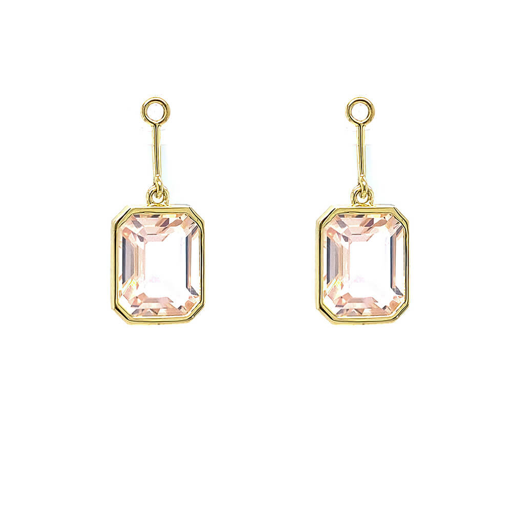 18K yellow gold drop earring jackets with large rectangular rose quartz stones.