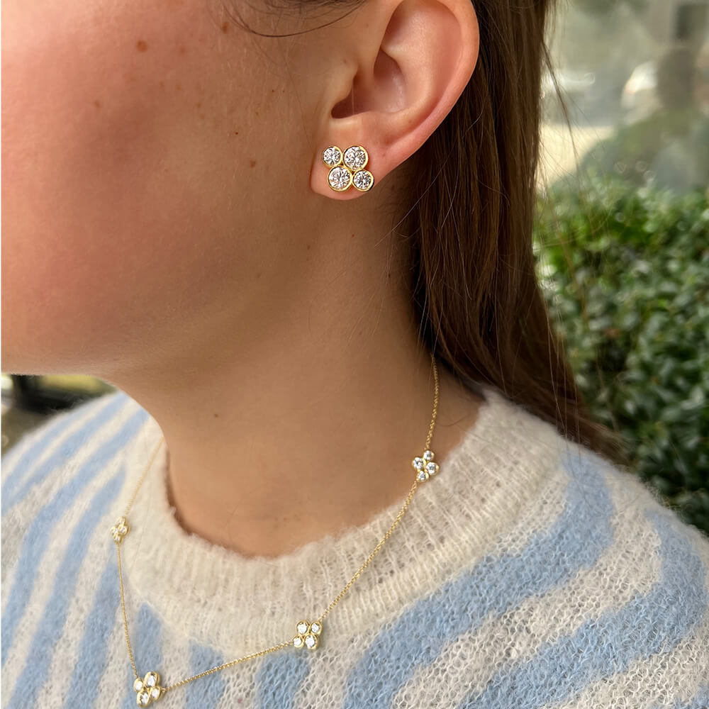 Close-up of a woman wearing Anderson earrings necklace 